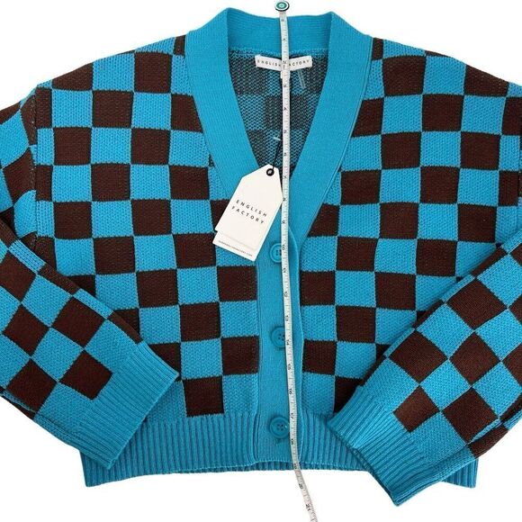 English Factory Brown Blue Checkerboard Checkered Cardigan Sweater Sz S Preppy - Picture 6 of 14